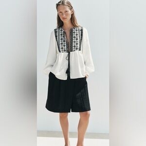Zara Contrast Embroidery Cotton Blouse XS Boho Peplum Tie Front Top